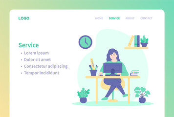 Landing page template of study, work or customer service. Woman in front of computer studying, working or customer service. Modern flat design illustration for website and mobile website.
