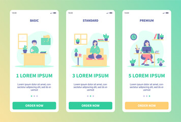 Mobile apps illustration of subscription package selection. Consists of basic package, standard package and premium package. Modern flat design illustration for website and mobile website.