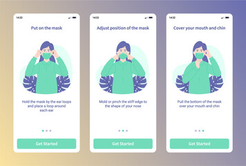 Mobile apps illustration of how to use a mask. Simple step by step how to use a mask. Modern flat design illustration for website and mobile website.