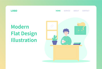 Landing page template of relaxation. Man relaxing and drinking coffee. Modern flat design illustration for website and mobile website.