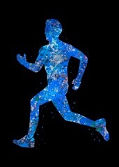 Runner blue watercolor art black background, abstract sport painting. blue sport art print, watercolor illustration artistic, decoration wall art.