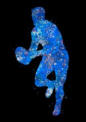 Rugby Player blue watercolor art black background, abstract sport painting. blue sport art print, watercolor illustration artistic, decoration wall art.