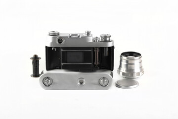 The old 35 mm film rangefinder camera on white background.