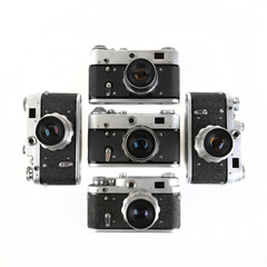 The old 35 mm film rangefinder cameras on white background.