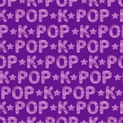 Seamless background. K POP lettering isolated on purple background. Polygonal image. Purple lettering decorated with a star. Expression of love for Korean popular music. 
