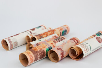 Russian banknotes on a white background. Money background.
