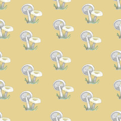 White mushrooms on yellow background pattern