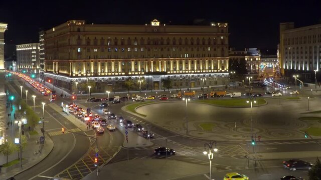 Night view of Lubyanka square in Moscow, building of the Federal Security Service