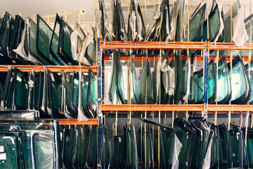 Lots of windshields for different cars on service station shelves ready to install or replace broken glass with cars.
