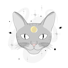 Kocia głowa na białym tle. Szary mistyczny kot z symbolem księżyca. Wektorowa gotycka magiczna ilustracja do druku na kartkach, koszulkach,  ścianach lub jako grafika do postów lub social media story.