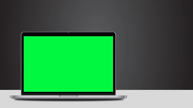 Laptop mockup with green screen, front view, isolated on white background. 4K animation	