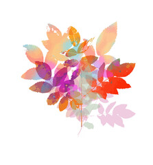 The object is a graceful multicolored twig with leaves. Bouquet of rainbow leaves. Mixed media. Vector illustration