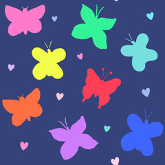 Fototapeta na wymiar Girls seamless vector pattern with colorful butterfly silhouettes and hearts on a dark navy background. Nice for girls, beach and swim projects and more