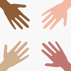 A circle from human hands flat illustration. Hands different colors of skin and race vector collection. Concept of international support, unity, parthnership.