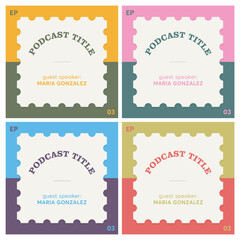postage stamps style podcast cover art templates bundle of four with vibrant colour palette