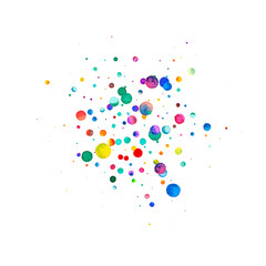 Watercolor confetti on white background. Actual rainbow colored dots. Happy celebration square colorful bright card. Alluring hand painted confetti.