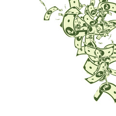 Indian rupee notes falling. Messy INR bills on whi