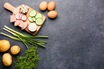 Different ingredients for okroshka on dark background