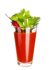 Glass of bloody mary cocktail garnished with cilantro and red chili pepper on white background
