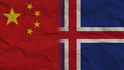 Iceland and China Flags Together, Crumpled Paper Effect Background 3D Illustration