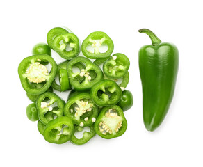 Green jalapeno pepper and slices on white background