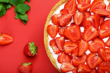 Tasty strawberry pie on color background, closeup