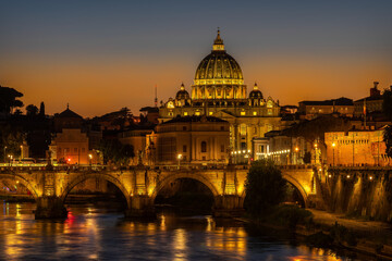 Fototapeta na wymiar The Cathedral Of San Pietro Seen At Sunset From A Bridge