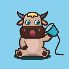 vector illustration of 
cute buffalo is sitting ,cartoon animal concept