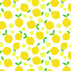 Cute yellow lemon seamless pattern with slices on white background. 