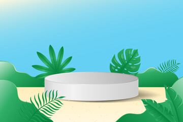 Beautiful Tropical 3d display podium decoration in nature background with realistic tropical plants. Product presentation suitable for summer.