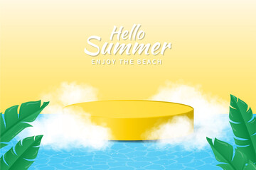 Beautiful Tropical display yellow podium decoration in nature background with realistic clouds and tropical plants. Product presentation suitable for summer.