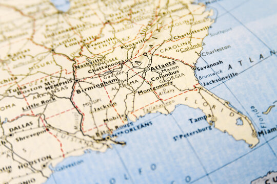 Buenos Aires, Argentina - October 26, 2017: Close-up macro of map of USA with focus on Atlanta