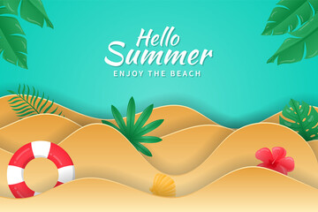Summer background in paper cut style with pool floats, starfish and tropical plants. Beach background suitable for Summer.