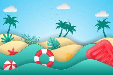 Islamic Background Paper Cut Style 3Beautiful Summer background in paper cut style with pool floats, beach balls and tropical plants. Beach background suitable for Summer.