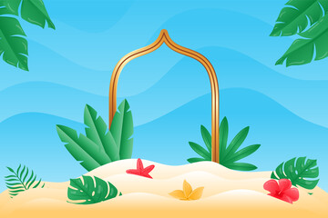 Beautiful Tropical Summer background in paper cut style with starfish, tropical flowers and tropical plants. Tropical background suitable for Summer.