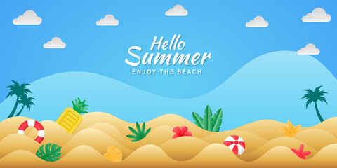 Fototapeta na wymiar Islamic Background with Mosque in paper stylePaper cut style Summer background with beach balls, pool floats, beach animals and tropical plants. Beach background suitable for Summer.