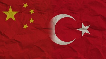 Turkey and China Flags Together, Crumpled Paper Effect Background 3D Illustration