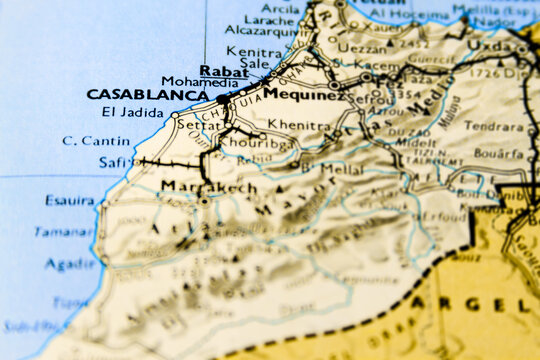 Buenos Aires, Argentina - October 26, 2017: Close-up macro of map of Morocco with focus on Casablanca and Rabat