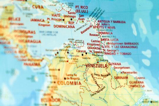 Buenos Aires, Argentina - October 10, 2017: Macro closeup of map with focus on Venezuela