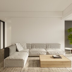 Living room interior with grey sofa