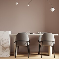 Dining room with a table and chair front of the pink wall