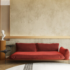 Red sofa in a room front of the concrete wall