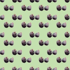 Seamless floral pattern with purple figs on a green background 