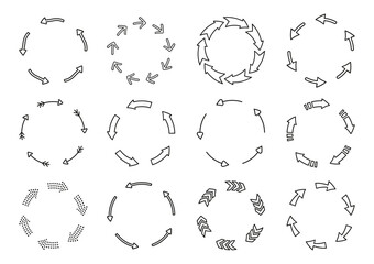 Circular arrows line outline black color, different thickness. loading and recycle symbol. Loop refresh reload and rotation sign set. Infographic design elements, business strategy statistics diagrams