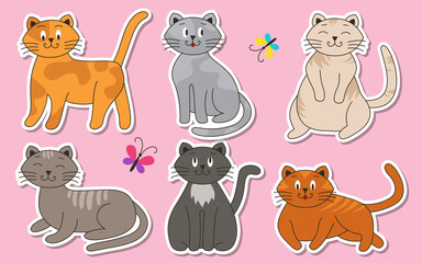 Cats are cartoon and flat colorful stickers, labels, good-natured, in different colors, unusual faces, various poses set. Playful kittens, home pets. Bright butterflies fly around. Vector illustration