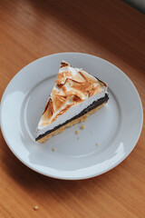 Lemon curd and meringue horizontal. Traditional french sweet pastry tart. Delicious, appetizing, homemade dessert with lemon curd cream. Copy space