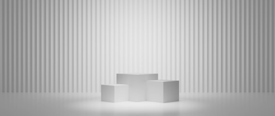 Cosmetic podium product minimal scene with platform grey background 3d render. Display stand for pastel white color mock up. stand to show beauty  backdrop on pedestal. Simple box gray design
