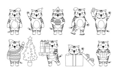 Christmas Tiger animal character mascot new year. Tigers in Santa hat, gives gift box Christmas tree, cartoon line black set. Comic cute stripe big cat for calendar clipart symbol Happy New year
