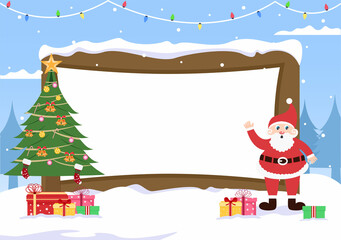 Merry Christmas With Santa Claus or Snowman Cartoon Character And Some Gift Next To The Signboard. For Greeting Background Vector Illustration