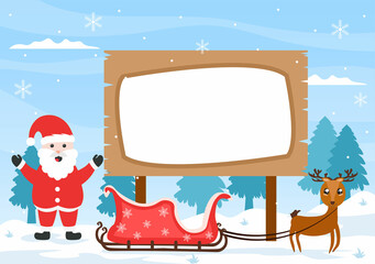 Merry Christmas With Santa Claus or Snowman Cartoon Character And Some Gift Next To The Signboard. For Greeting Background Vector Illustration